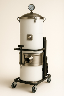 The YC-33 is a dual-stage filtration vacuum cleaner combining cyclone separation and a manual shaking bag filter.